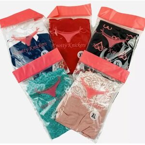 Knotty Knickers Set of 5 Panties XL Black‎ Pink Stripe Blue Red (2171)